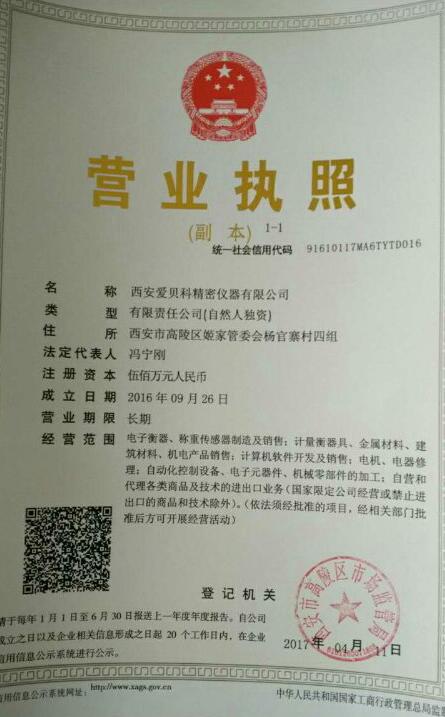 西安尊龙凯发官方网站仪器有限公司营业执照